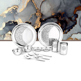 Designer Stainless Steel Delight Laser Bloom Dinner Set Of 12 Pieces, Silver | 2 Dinner Plates+ 2 Glasses+ 2 Bowls+ 2 Pudding Bowls+ 2 Dessert Spoons+ 2 Tea Spoons